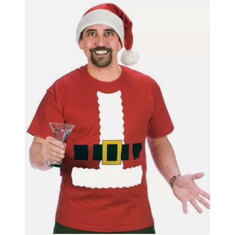 Santa Claus Funny Christmas Adult T-Shirt and Hat One Size Adult Easy Costume